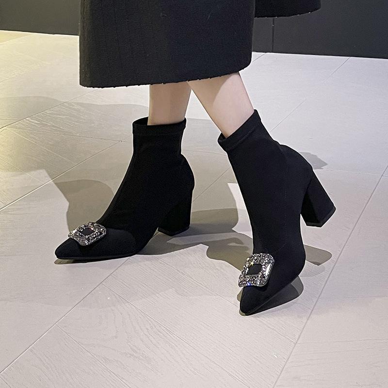 French Thick Heel High Heel Short Boots Women's Autumn and Winter Rhinestone Square Buckle Elastic Thin Boots Light Luxury Temperament Pointed and a