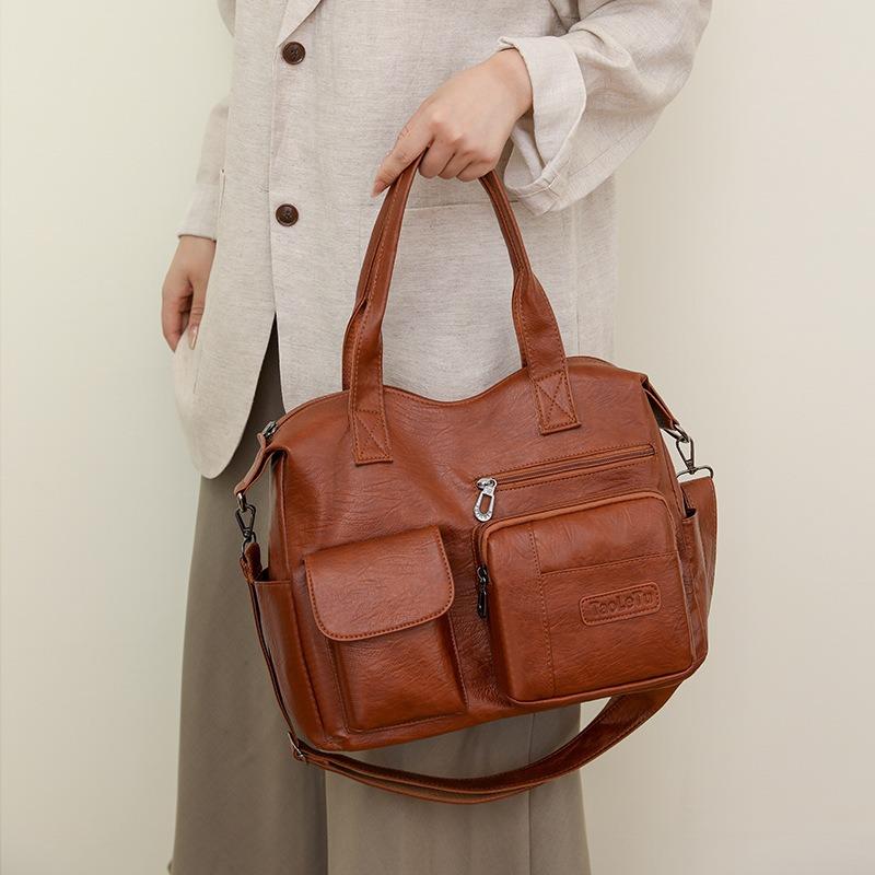 Soft Leather Handbag Female Vintage PU Shoulder Bag Multi-pocket Messenger Bag Shopping Lady Crossbody Bags Mommy Totes