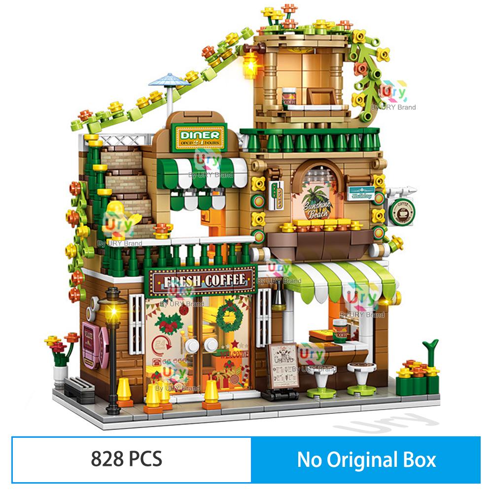 

City Series Street View Modular Tropical Style Corner Coffee Shop Beverage Store Retro MOC Architecture Building Blocks for Kids