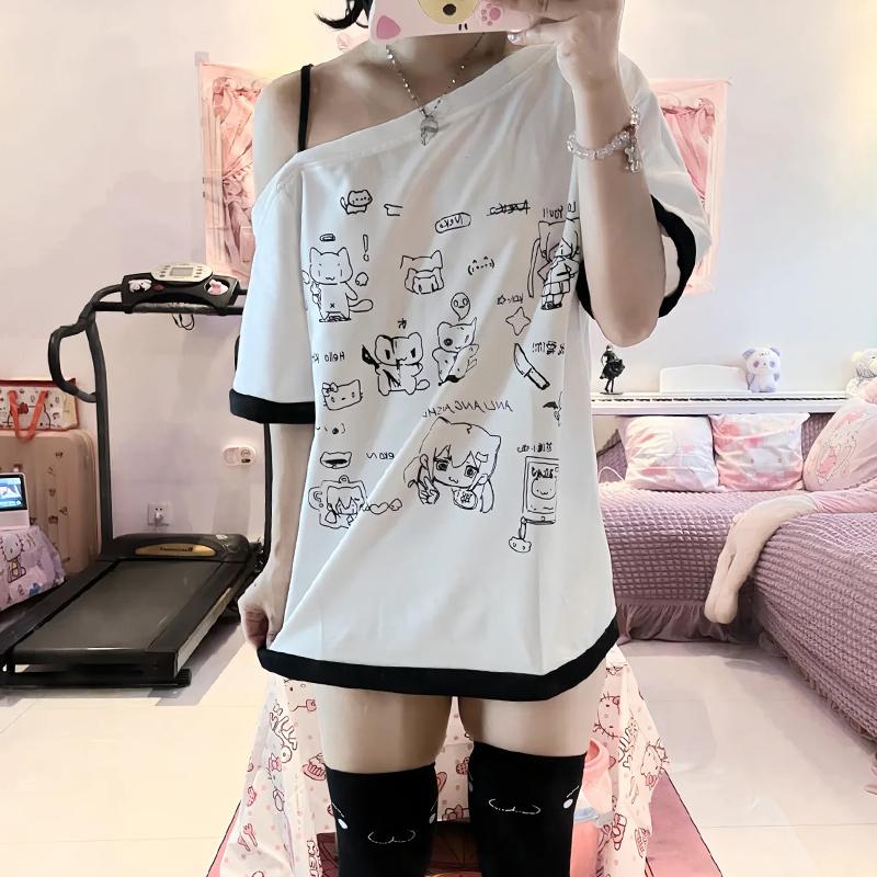 Japanese Y2k Subculture Cute T Shirt Off-shoulder White Short-sleeved Summer T-shirt Woman Cartoon Print Sweet Harajuku Tees