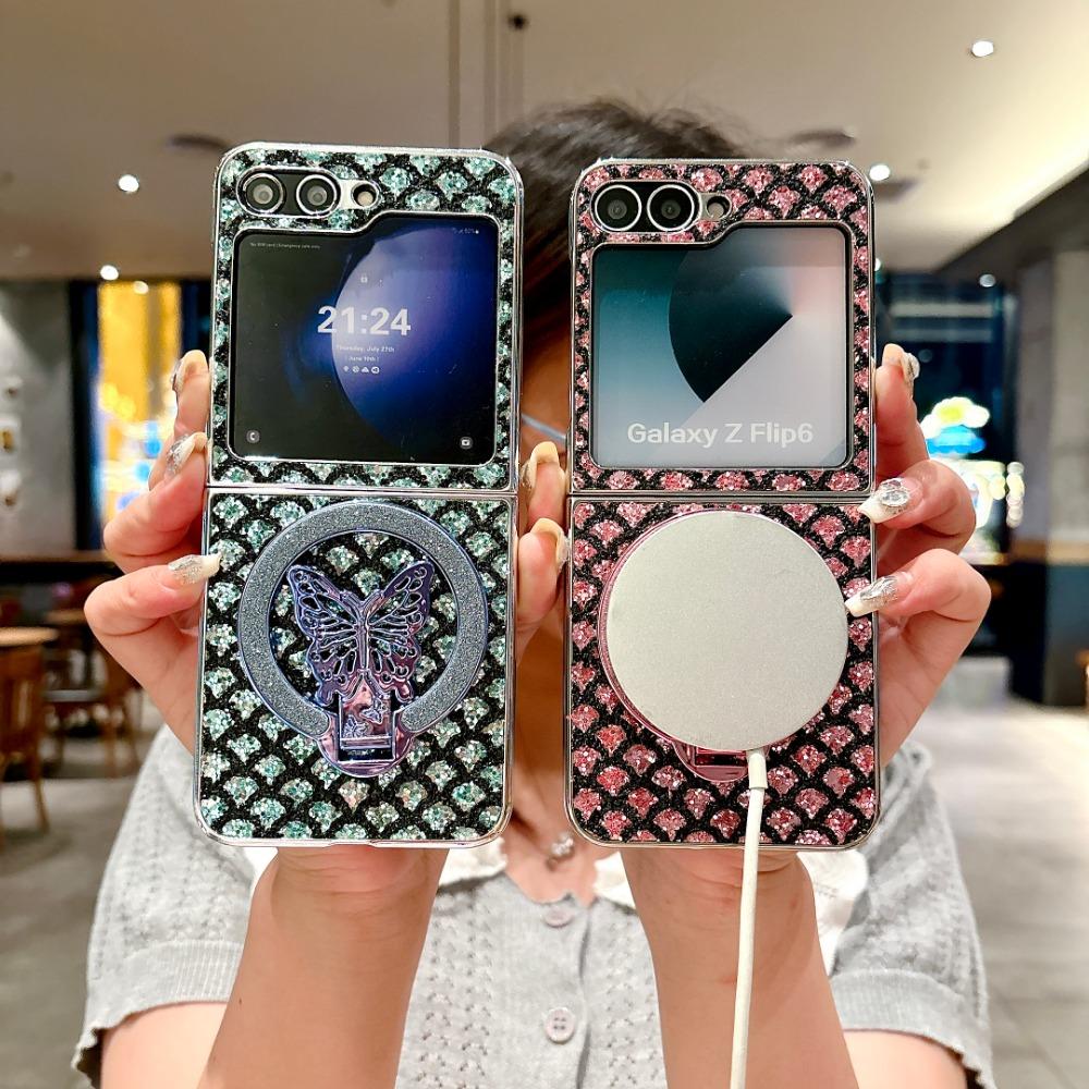 Electroplated Magnetic Leather Phone Case for Samsung Z Flip 6 5 4 3 Flip6 Flip5 Flip4 Flip3 Butterfly Bracket Protective Cover