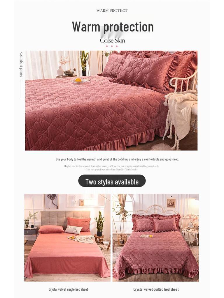 Warm Winter Crystal Velvet Quilted Bedspread with Lace Edge, Cotton-Padded, Double-Sided, Non-Slip Tatami
