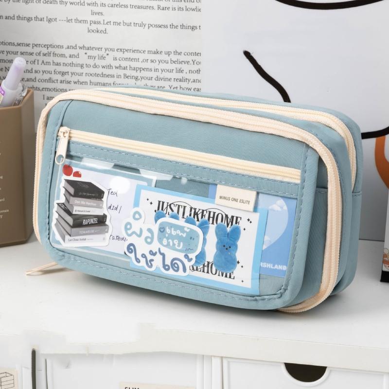Flip Cover Pencil Bag Pen Case Transparent Front Multi Pocket Oxford Fabric Storage Pouch for Stationery
