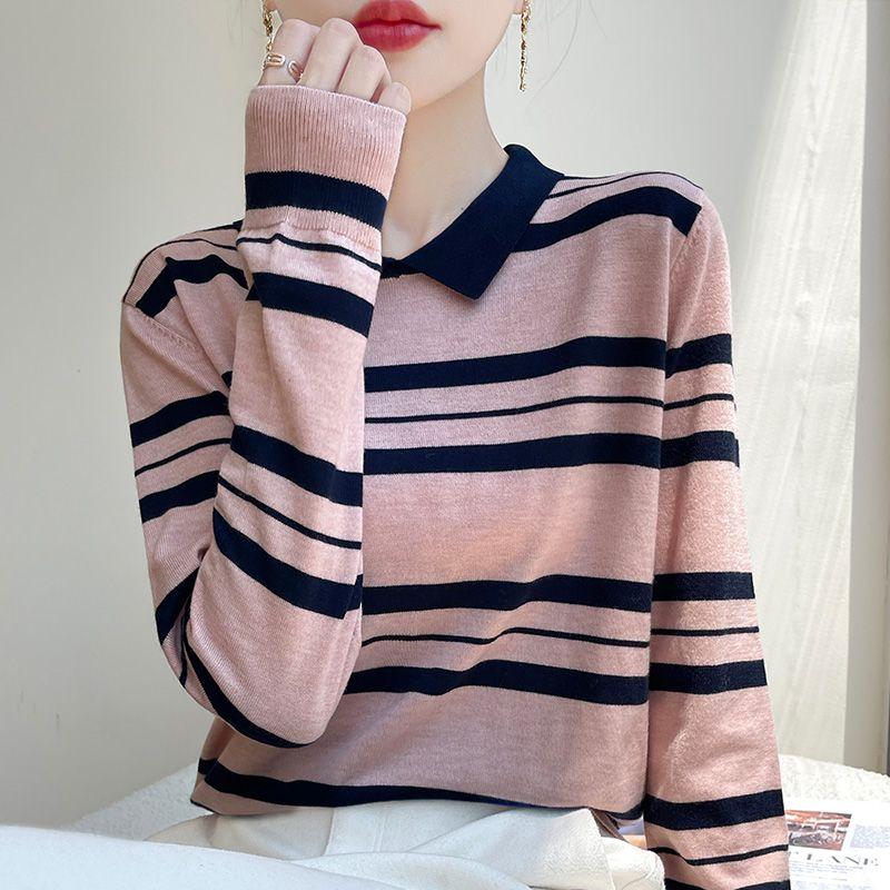Korean Lapel Striped Long-sleeved Sweater for Women Casual Inner Bottoming Warm Top