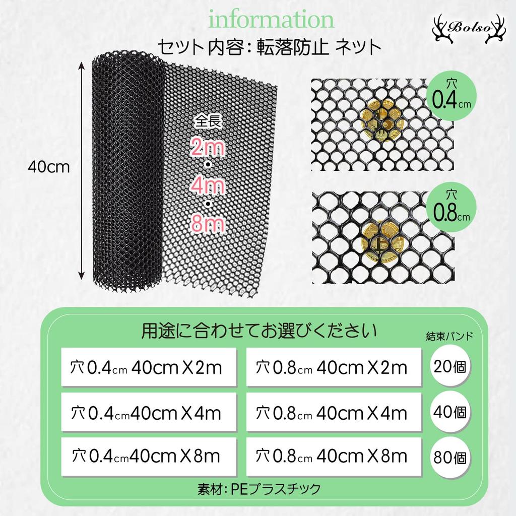 BOLSO Fall Prevention Net for Balconies, Stairs, Windows, and More, Safety, Plastic Mesh, DIY Multipurpose Net Fence, Black (0.4mm Holes, 40cm X 4m)