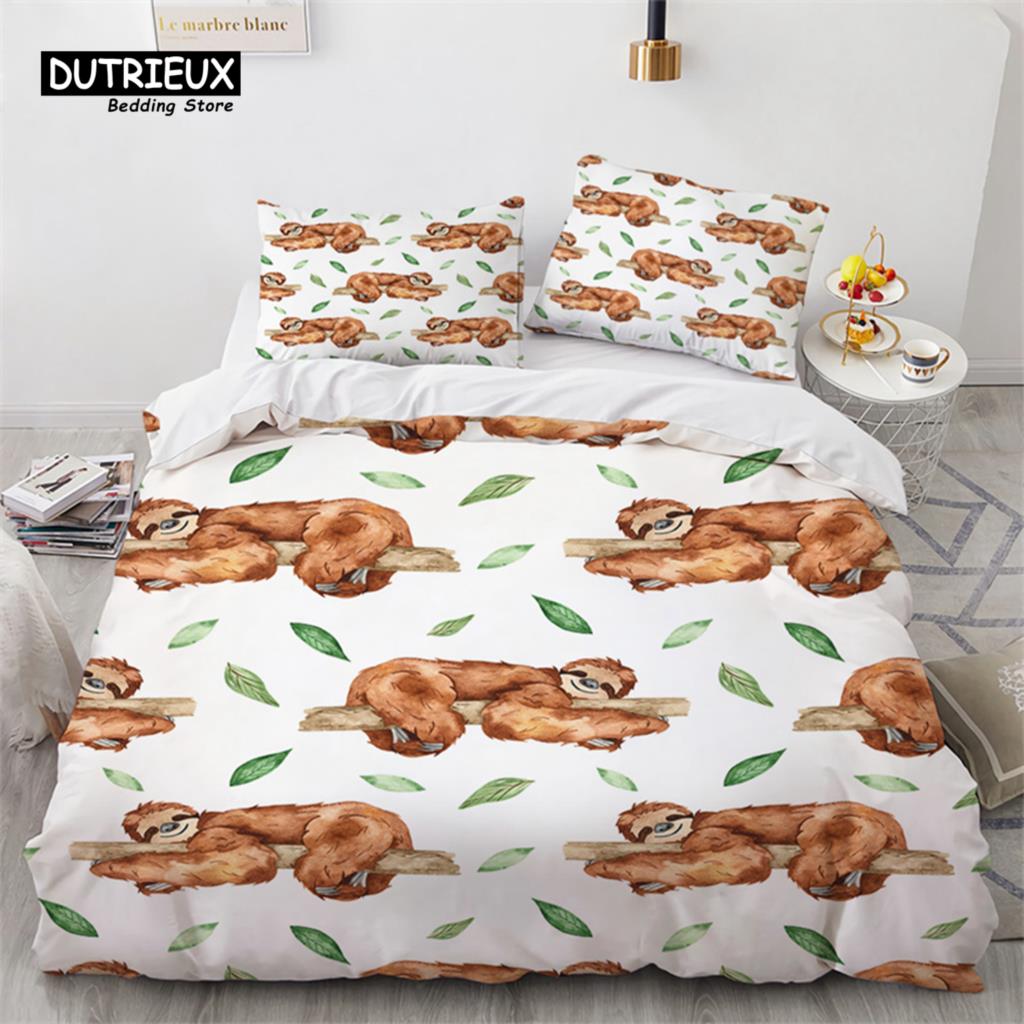 Niedlicher Faultier Bettbezug Einzelbett Cartoon Tier Bettwäsche Set Mikrofaser Floral Blätter Steppdeckenbezug Für Teenager Mädchen Jungen Kawaii Raumdeko