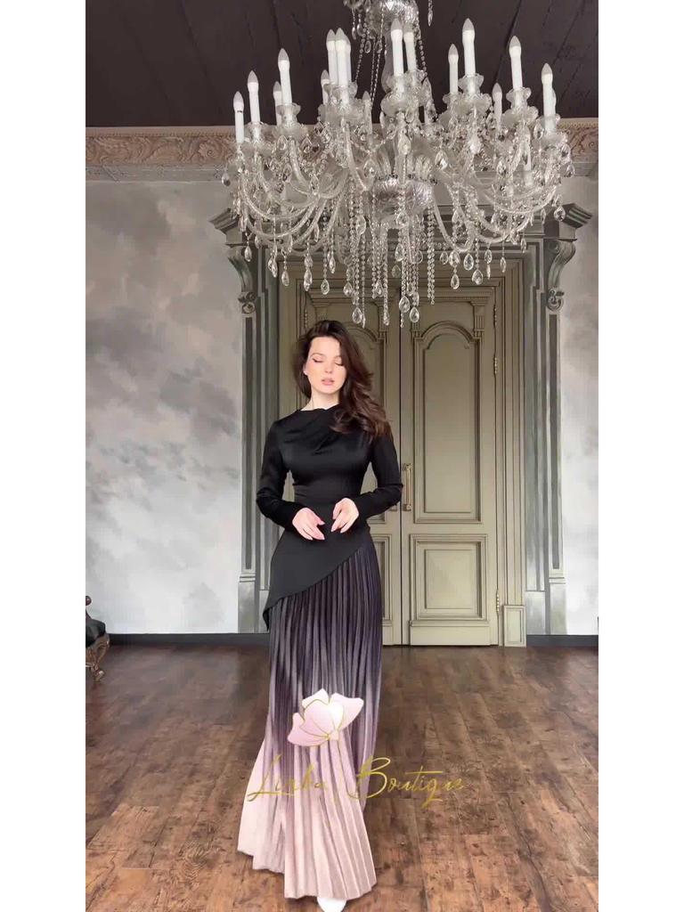 Autumn 2024 Tie-Dye Slimming Gradient Pleated Long Dress for Women