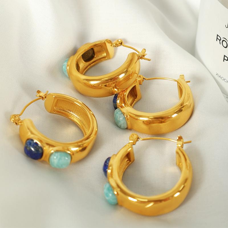 Earrings natural stone earrings titanium steel gold-plated 18k new Chinese style Guochao vacation style earrings women's C shape