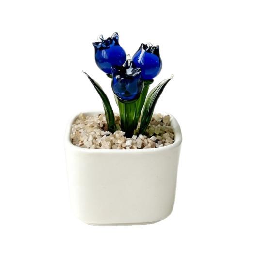 Mini Potted Glass Flower Decoration Miniature Tulip Flower Planter Pot Figurine Statue Home Office Bookshelf Desktop Ornament