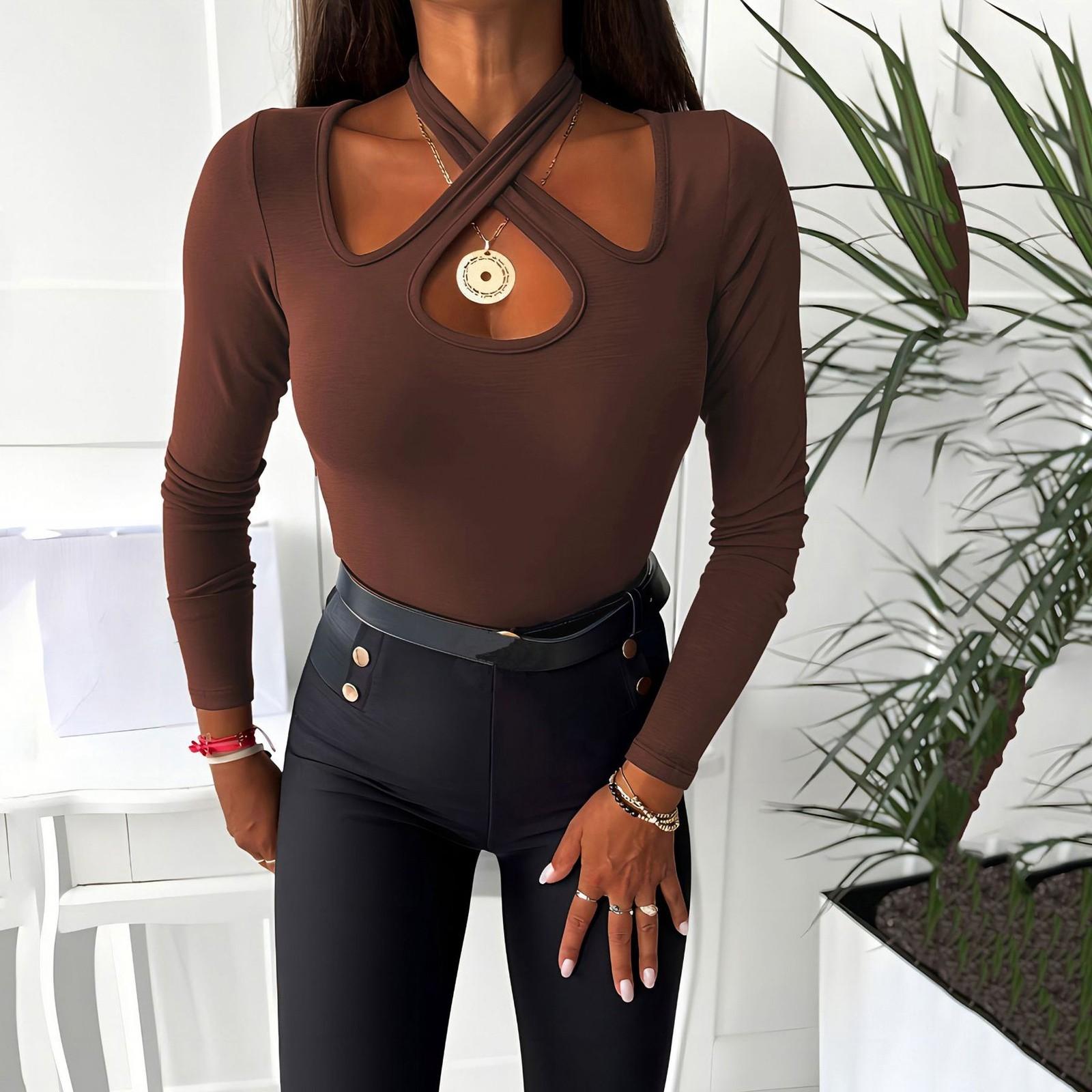 

Женская мода женская футболка сексуальный однотонный длинный топ XL коричневый