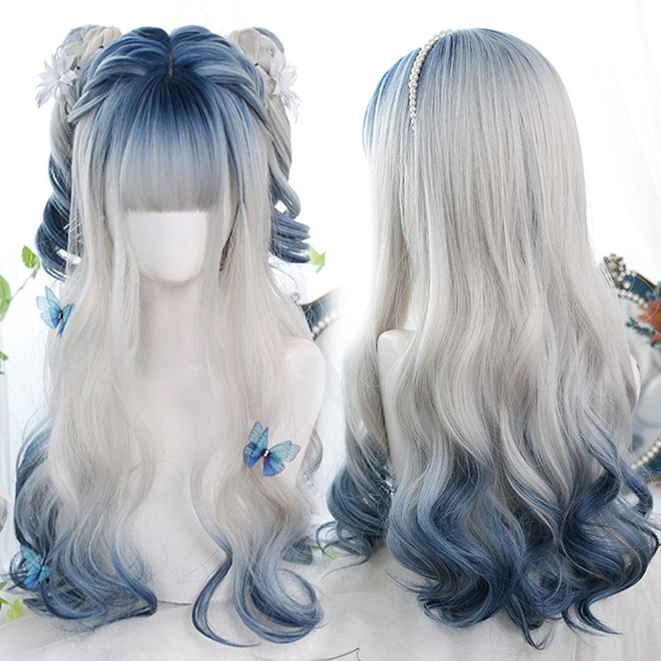 Professional  Long Colorful Synthetic Cosplay Lolita Harajuku Wig With Bangs Natural Wavy Wigs White Green Daily Wigs