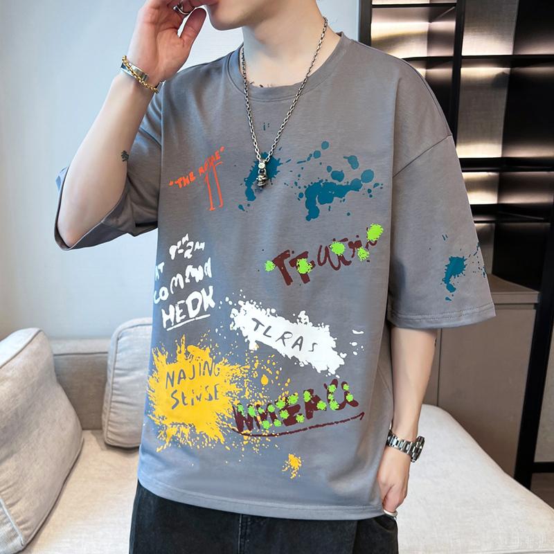 Summer Streetwear Graffiti Printed Short Sleeve T-shirt Men Casual Fashion Loose Pullovers Tee Top