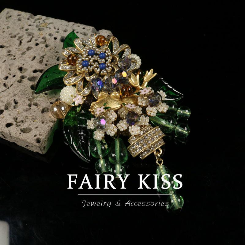 Vintage Hand-Woven Rhinestone Flower Brooch with Glass Pendant