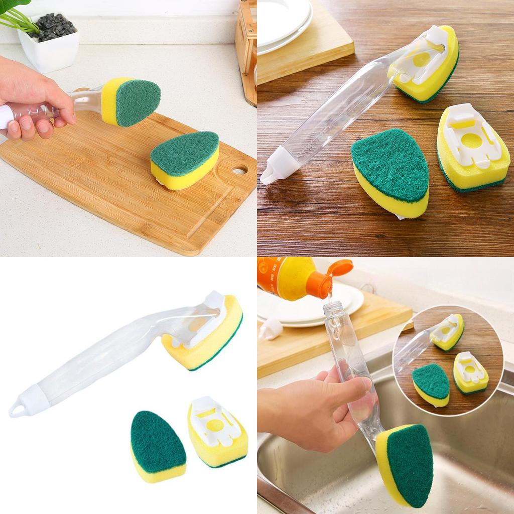 Long Handle Kitchen Cleaning Sponge Brush With Detergent Dispenser For Dishwashing