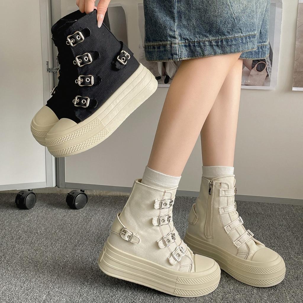 Fashion Retro  Buckle Design Thick Soled Casual Canvas Short Boots for Women  Autumn Comfortable Non Slip Chunky Ankle Boots