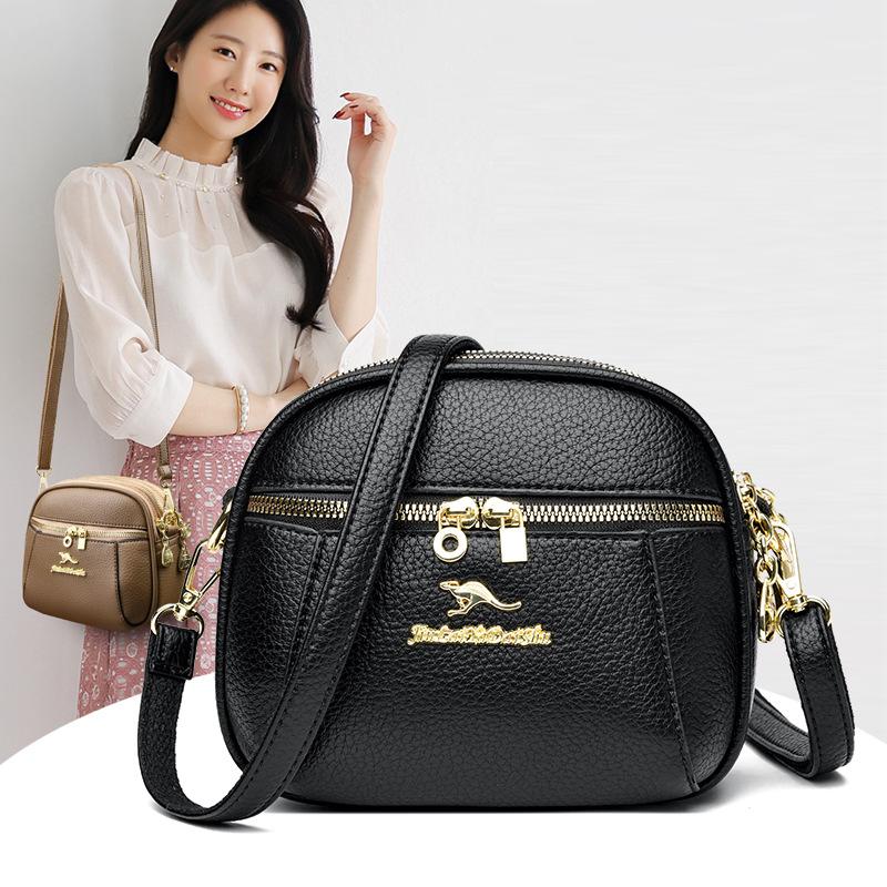 2025 Soft Leather Mobile Phone Bag Three-layer Anti-theft Women's Bag Splicing Lightweight Shoulder Bag Messenger Bag Factory Direct Sales