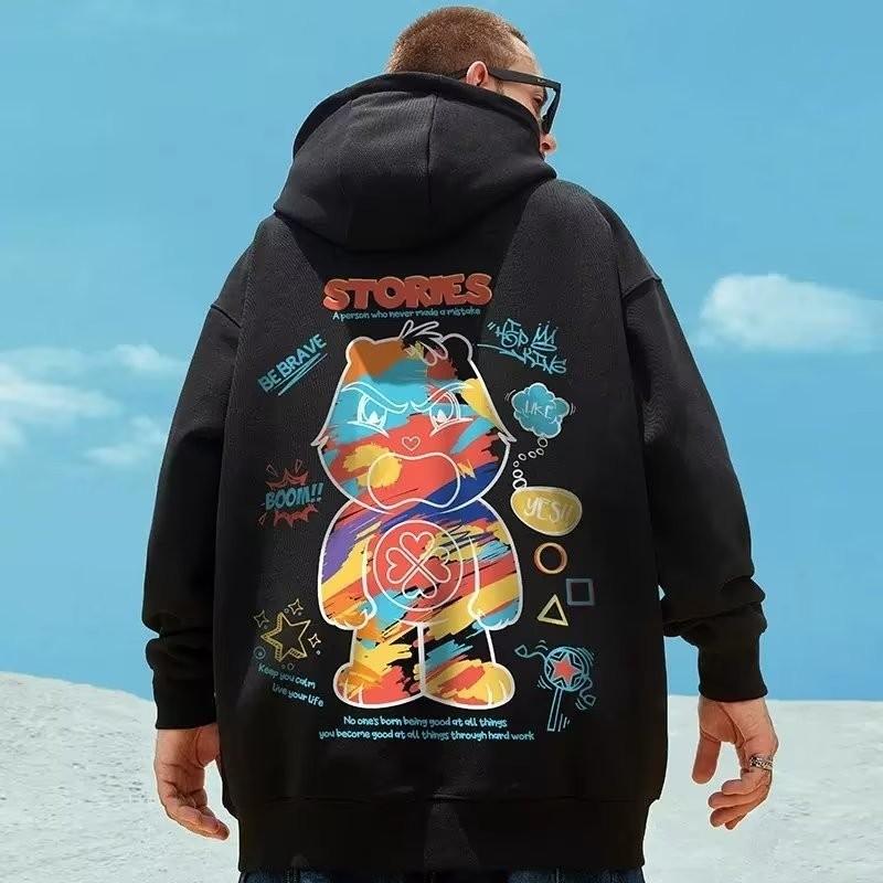 

Men Oversized Hoodie Fashion Loose American Color Graffiti Bear Print Long Sleeve Couple Clothes S