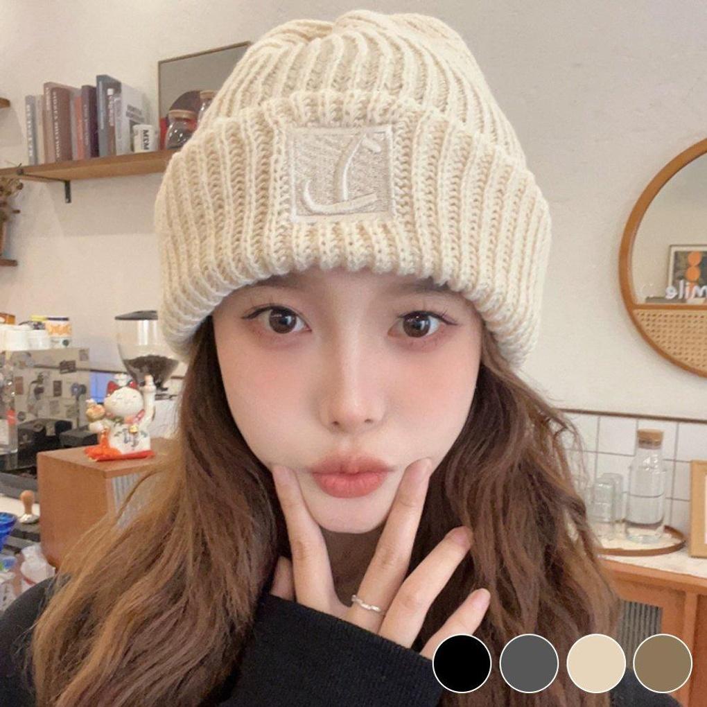 Women's Daily L-Embroidered Label Thick Unisex Beanie Hat