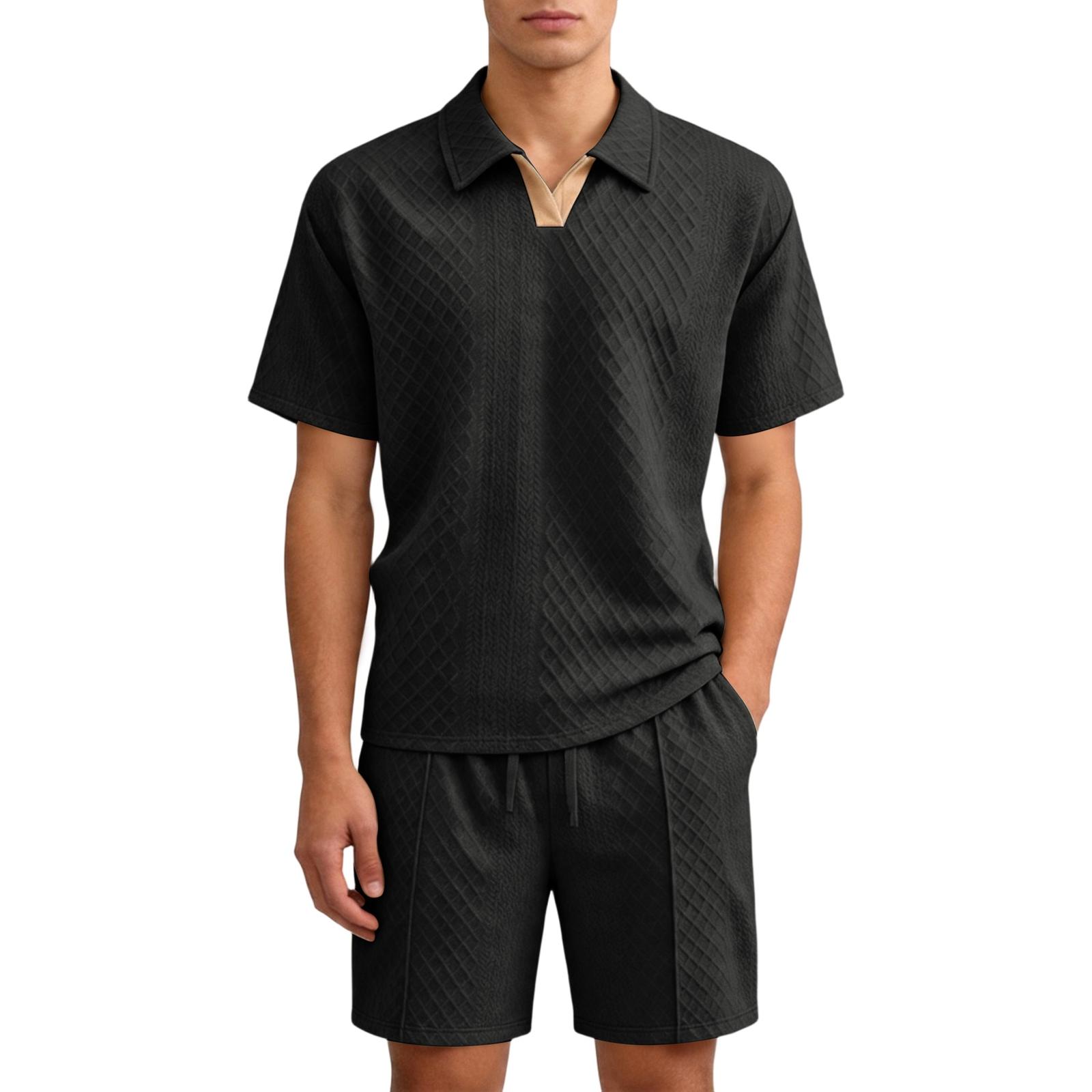 Men s Summer Casual Sports Suit Shirt Short-sleeved Shorts Men s Clothing L чёрный