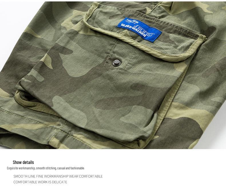 Herren Sommer Camouflage Cargo-Shorts mit mehreren Taschen, Elastischer Bund, Gerades Bein, Reine Baumwolle, Mittellang.