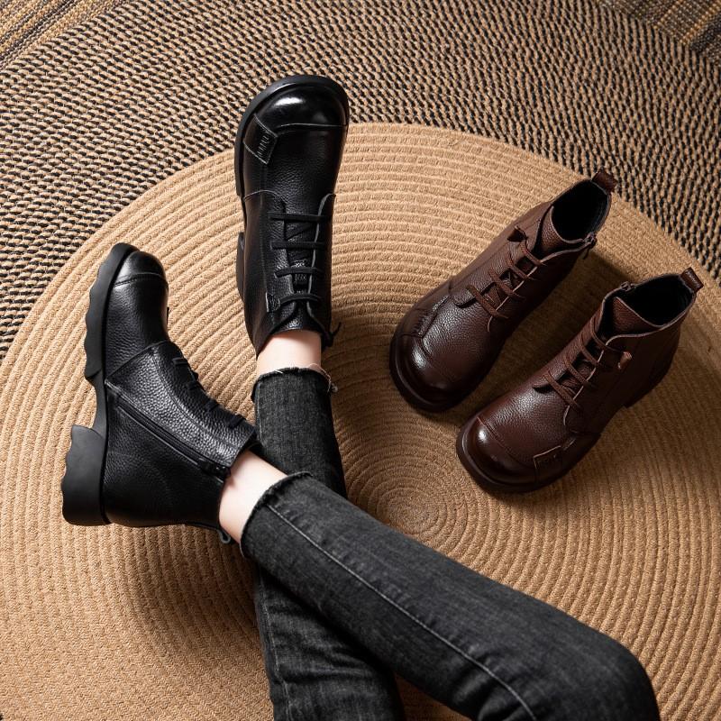 Johnature Genuine Leather Warm Round Toe Soft Soled Short Boots Low Heel Non Slip Casual Women's Shoes