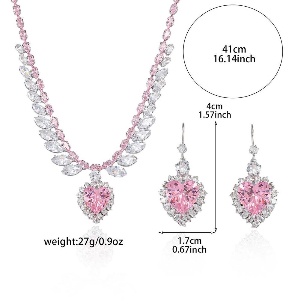 Trendy Pink Zircon Heart Necklace and Earrings Set