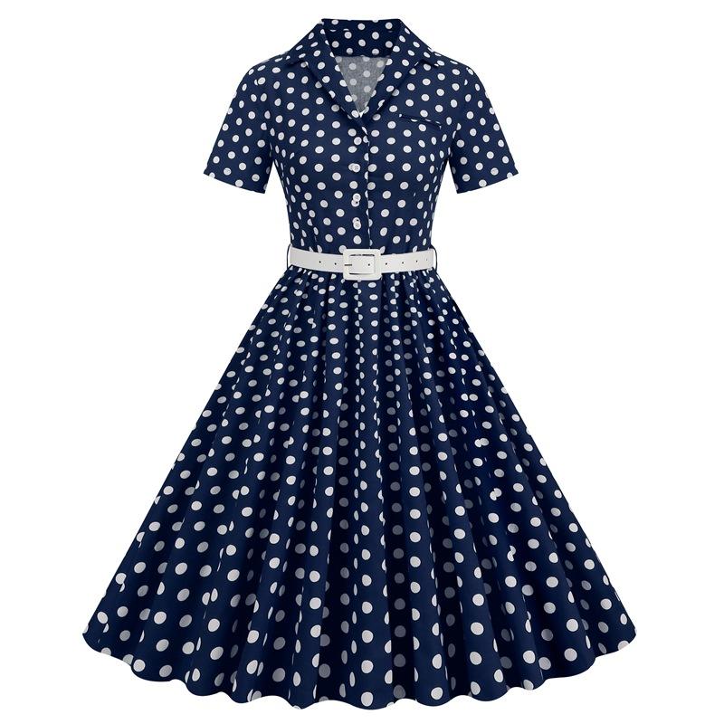 GMXIA Women's Polka-dot Patchwork Belt Short-sleeved Dress Hepburn Vintage Dress
