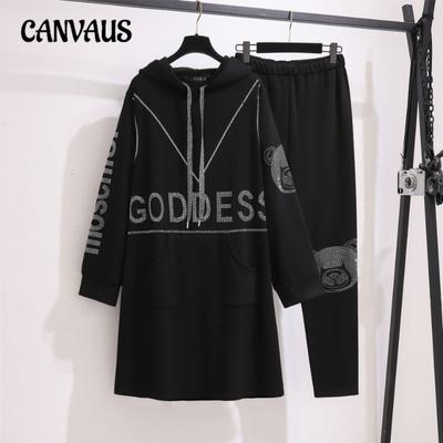 Übergröße Damen Neues, mit Diamanten besetztes, mittellanges Sweatkleid mit Jogginghose aus Samt, zweiteiliger Anzug