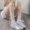 Japanese See Through Mesh Middle Tube Socks For Women Girl Fairycore Ribbon Bowknot Loose Slouch Calf Socks