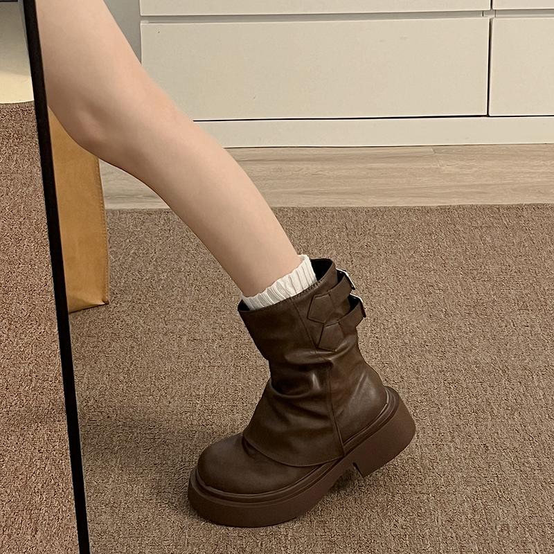 Cosy Soft Leather Women Western Cowboy Boots Fashion Thick Heels Slip On Shoes Ladies Modern Short Botas Para Mujer