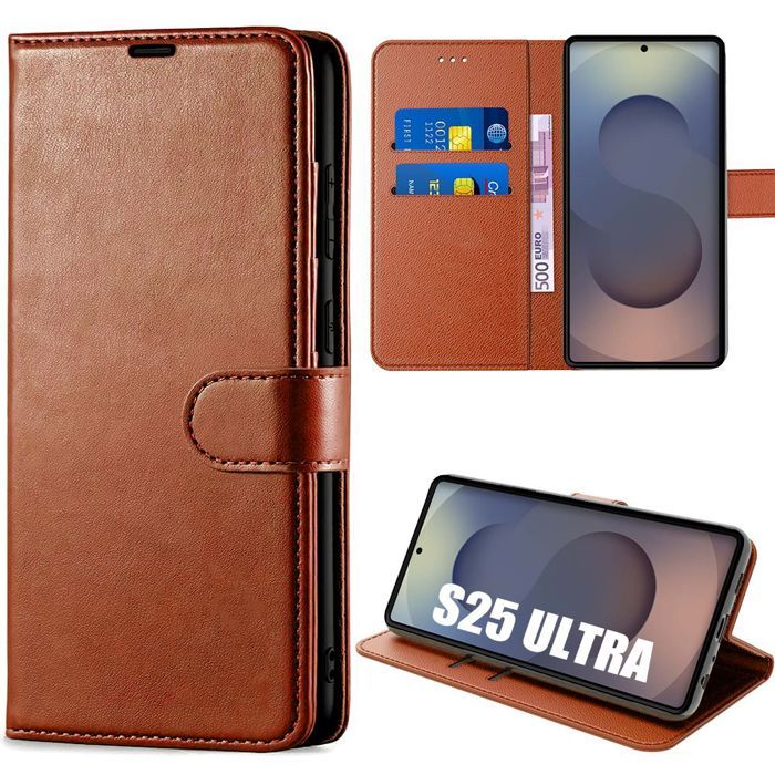 Coque de protection - BOOLING - Samsung Galaxy S25 Ultra - Synthécuir marron - Antichoc - Support intégré