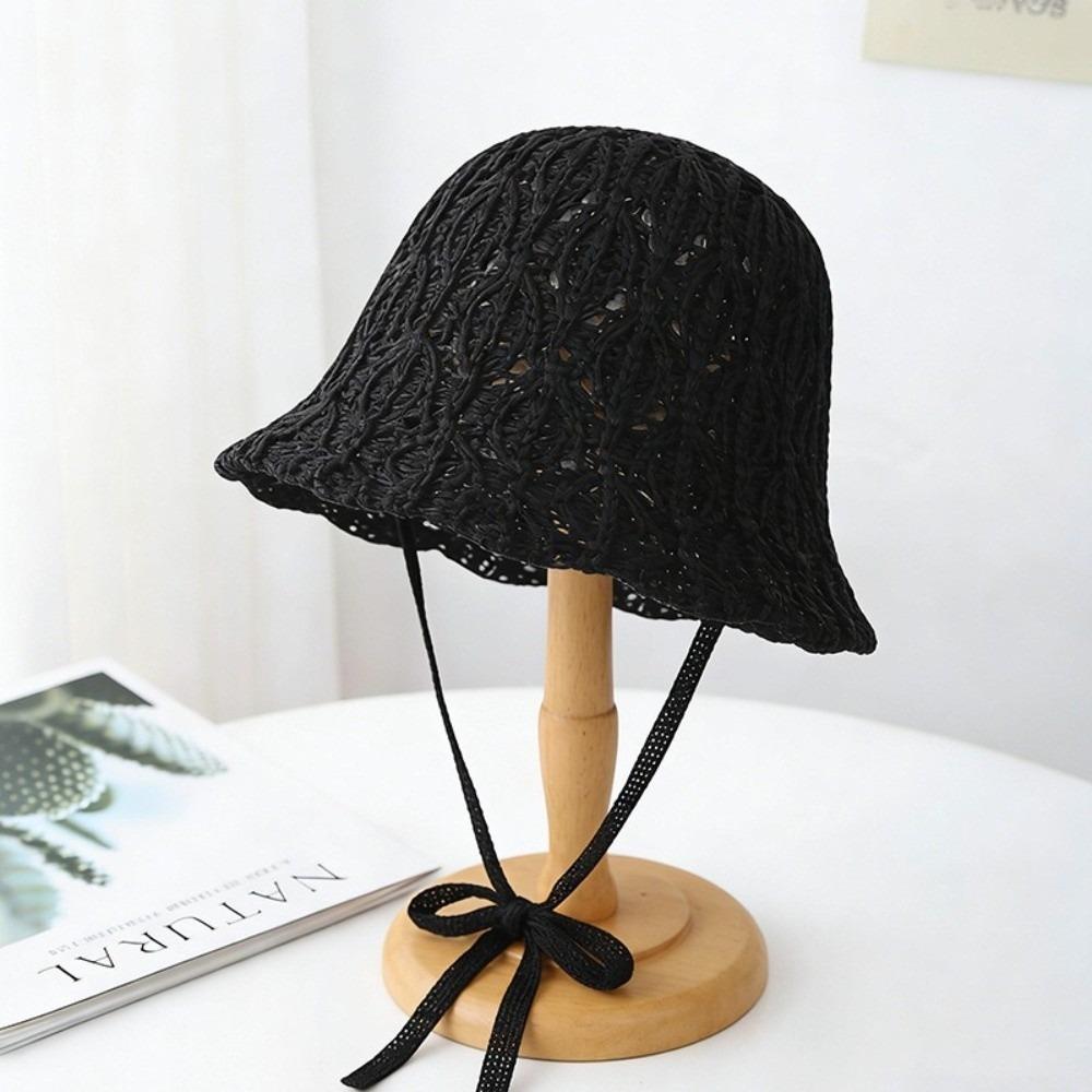 Thin Women Bucket Hat Foldable Design Solid Color Beach Panama Cap Breathable Windproof Rope Outdoor Fisherman Cap