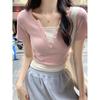 Fake two-piece V-neck right-shoulder short-sleeved T-shirt spring and summer new style stitching contrasting color inner wear tight hot girl short top