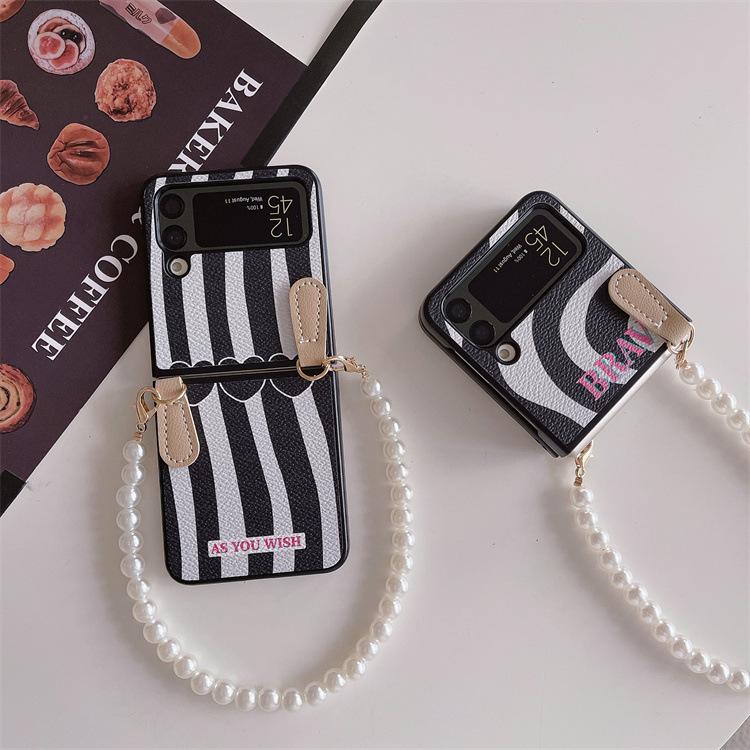 Applicable To Samsung ZFlip3 Folding Screen Mobile Phone Case, Zebra Pattern Pearl Lanyard Zflip4 Portable Wristband Protective Case