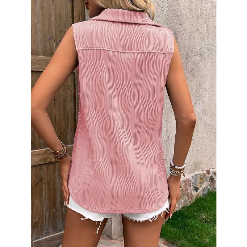 Gilet da donna senza maniche con bottoni, camicia con colletto testurizzato, top estivo casual ampio