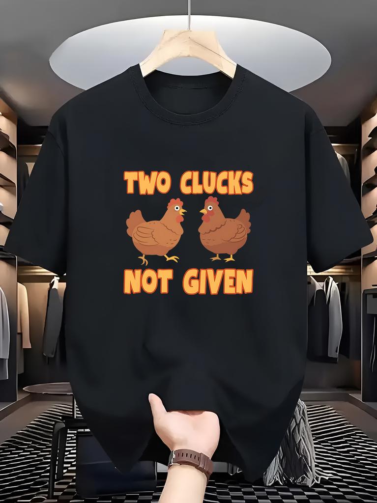 Unisex O Neck Tee Two Cartoon Chicken Funny Text Print Cotton Short Sleeve Loose Summer Breathable Daily Casual Basic Wear Top