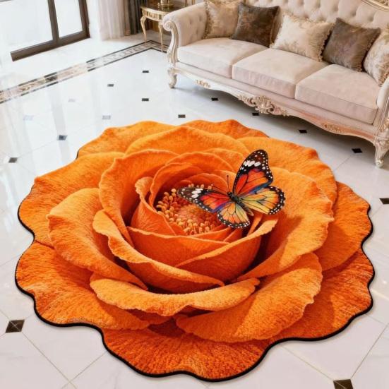 3D Flower Floor Mat Large Flower Shape Living Room Rug Realistic Floral Butterfly Floor Rug with Anti-Slip Bottom for Home Bedroom Dining Room
