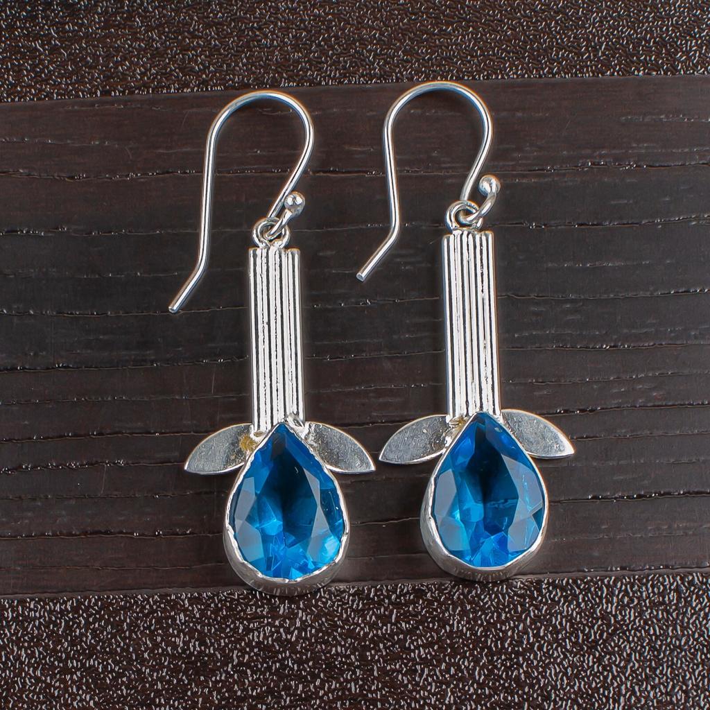 925 Sterling Silver Swiss Blue Topaz Gemstone Handmade Jewelry Earring for Wife EE-36-8