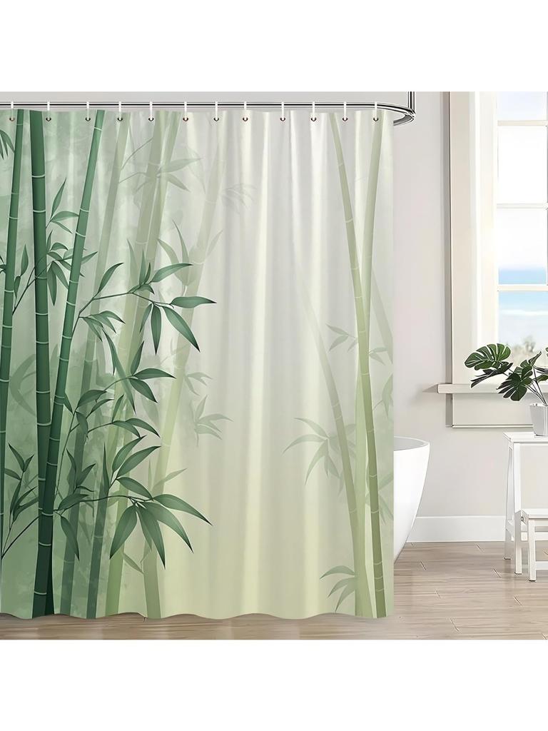 Bamboo Shower Curtain Watercolor Green Bamboo Plant Rustic Nature Spa Forest Tree Japanese Asian Art Scenic Fresh Spring