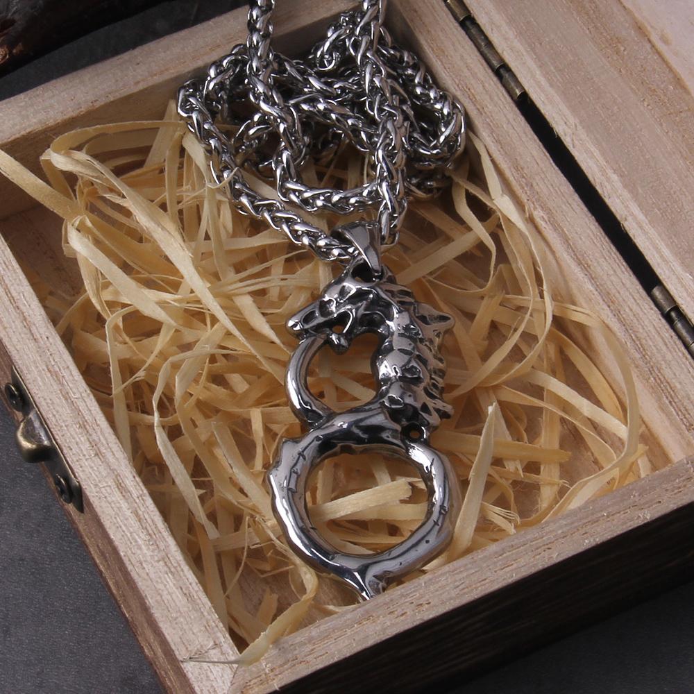 Never Fade Norse Ouroboros Dragon Snake Pendant Necklace with Wooden Gift Box