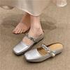 Fashion Inside Heightened Wrapped Head Semi-drag Fashion Square-toe Shallow-mouth Metal Buckle One-band Soft-sole Non-slip Flat Shoes