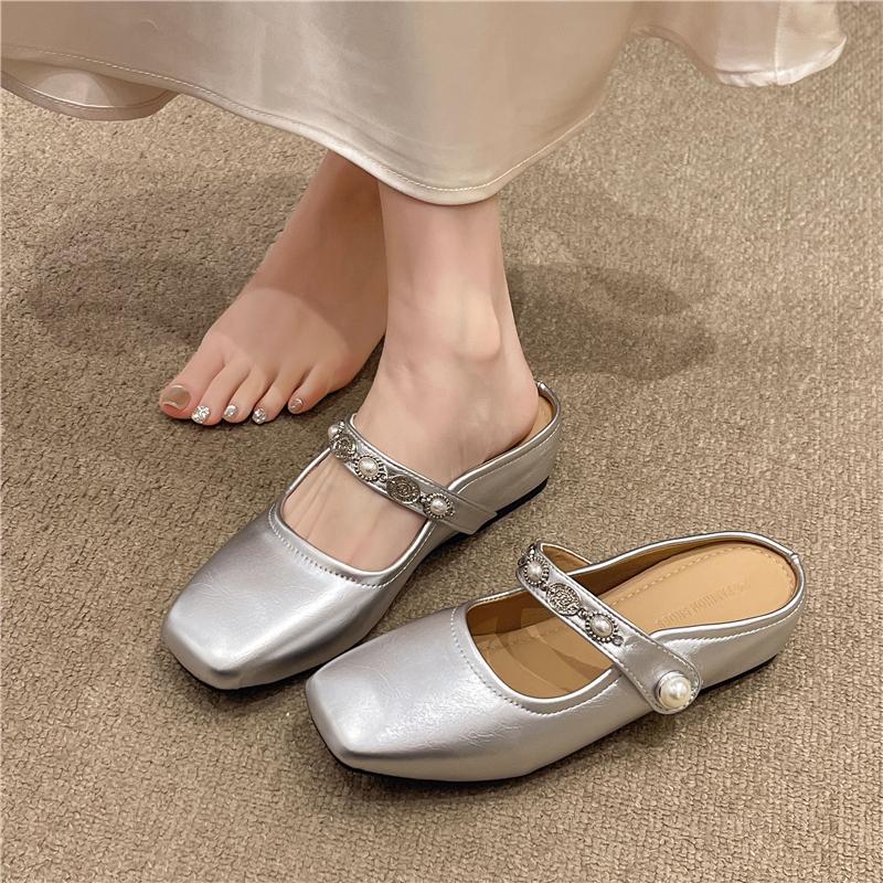 Fashion Inside Heightened Wrapped Head Semi-drag Fashion Square-toe Shallow-mouth Metal Buckle One-band Soft-sole Non-slip Flat Shoes