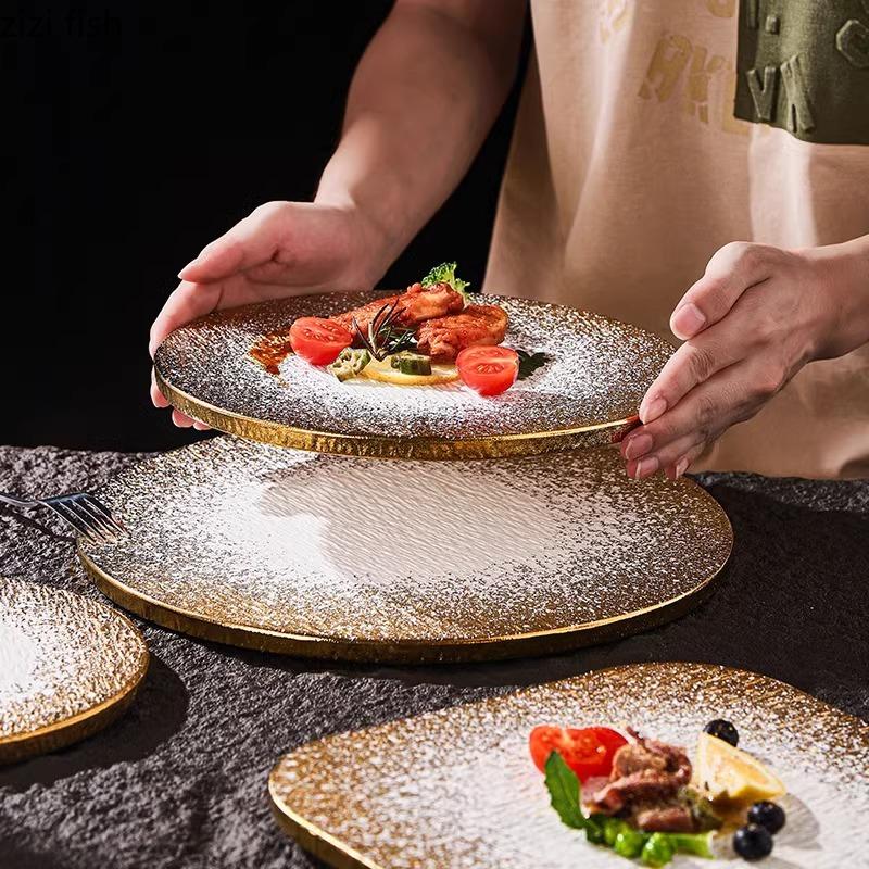 Farfurie ceramică creativă cu model de piatră mată aurie, farfurie pentru friptură, farfurie pentru desert, farfurii pentru sushi, bucătărie moleculară, veselă pentru hotel