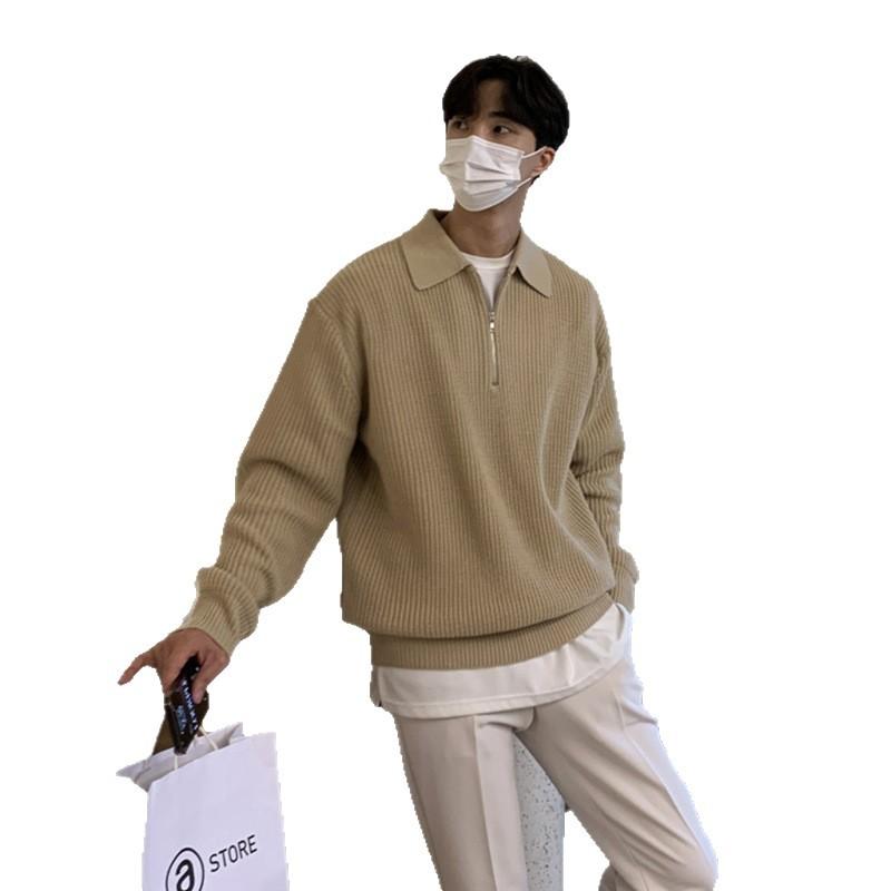 Literary Knitted Sweater Men's Lapel Sweater Loose Men's Half Zipper Polo Collar Spring and Autumn Coat Retro Versatile Sweater