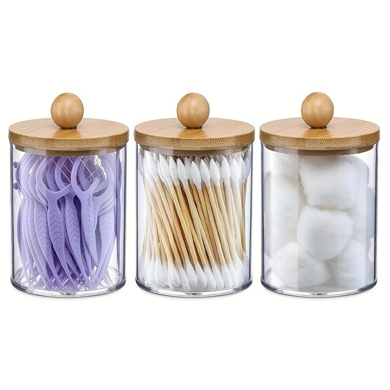 Qtip Holder Dispenser with Bamboo Lid 10 Oz Clear Plastic Apothecary Jar Containers for Vanity Makeup Organizer Storage Bathroom