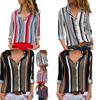 Elegant Women Autumn Striped Floral Button V Neck Long Sleeve T Shirt Casual Blouse
