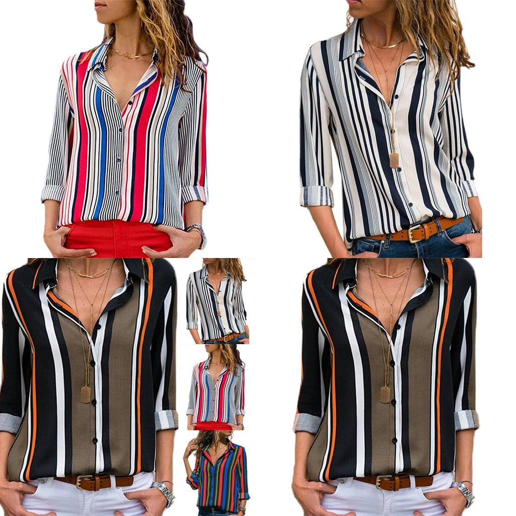 Elegant Women Autumn Striped Floral Button V Neck Long Sleeve T Shirt Casual Blouse