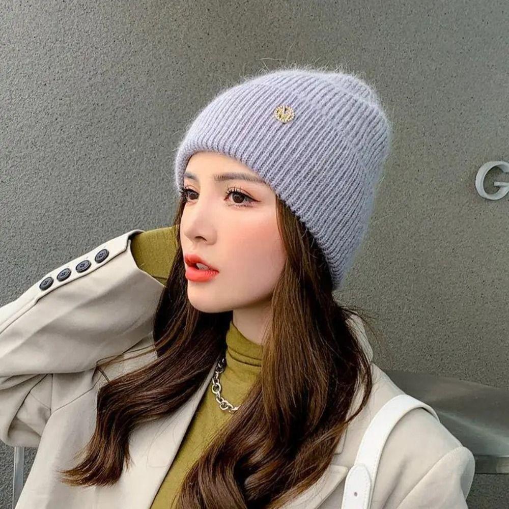 Pure Color Rabbit Fur Knitted Hat Thickened Warm Skullies Beanies Simple Women Winter Hat
