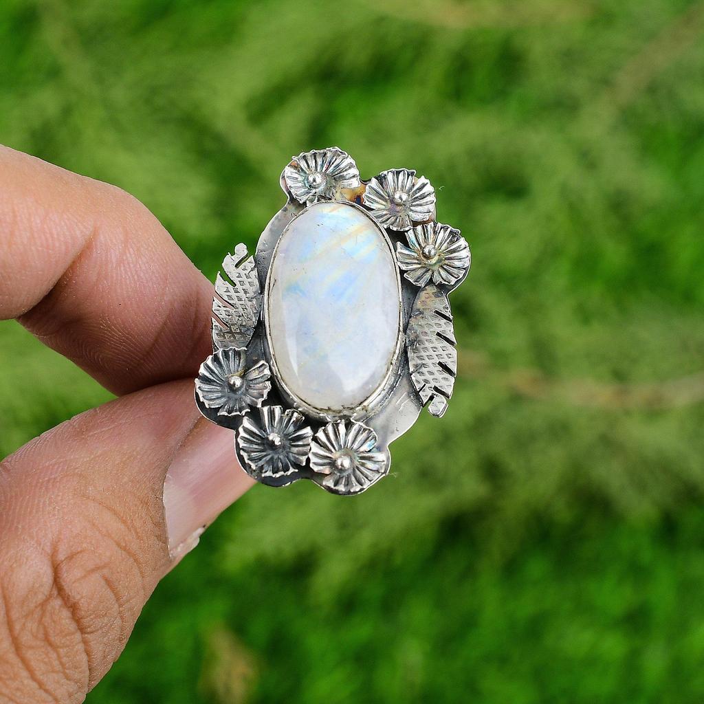 Natural Rainbow Moonstone Gemstone Statement Flower Adjustable Ring 925 Silver