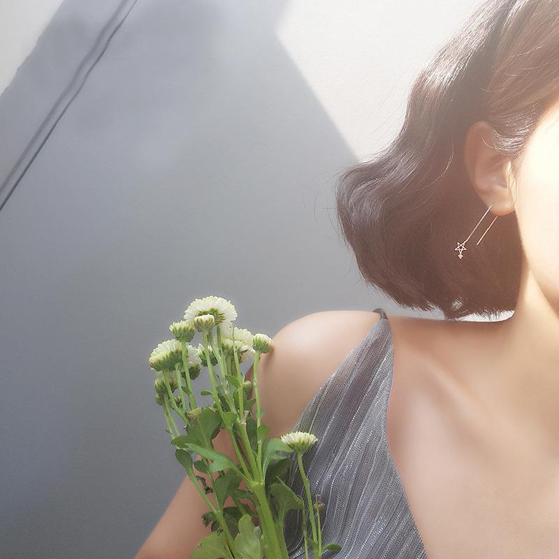 Simple Diamond-Set Star Moon Asymmetric Earrings Zircon Long Fringed Earrings Femininity Earrings